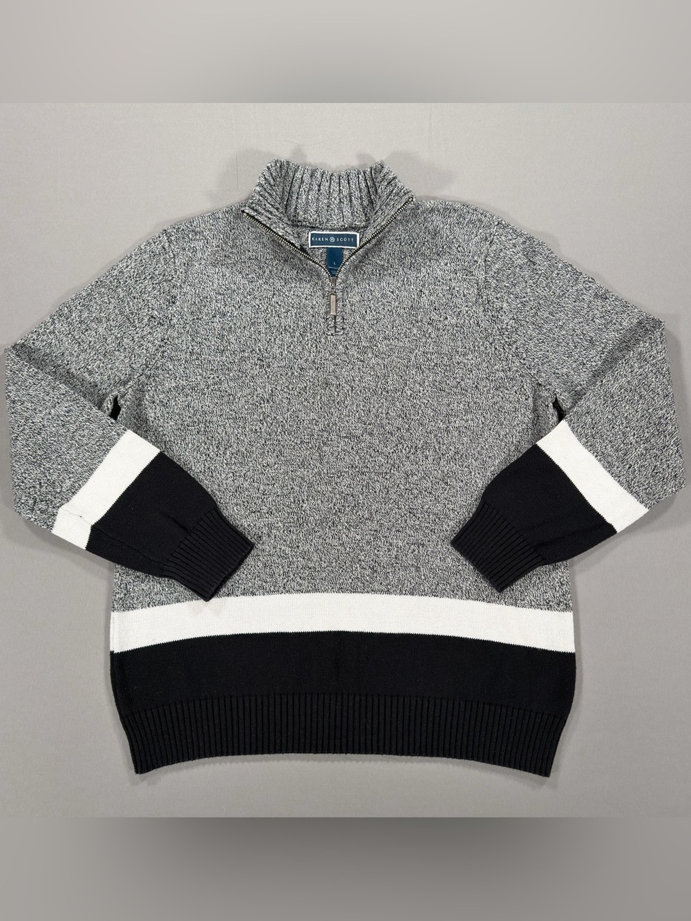 Karen Scott Women's Sweater Large L 100% Cotton Striped Grey White Black Knit - Picture 1 of 9